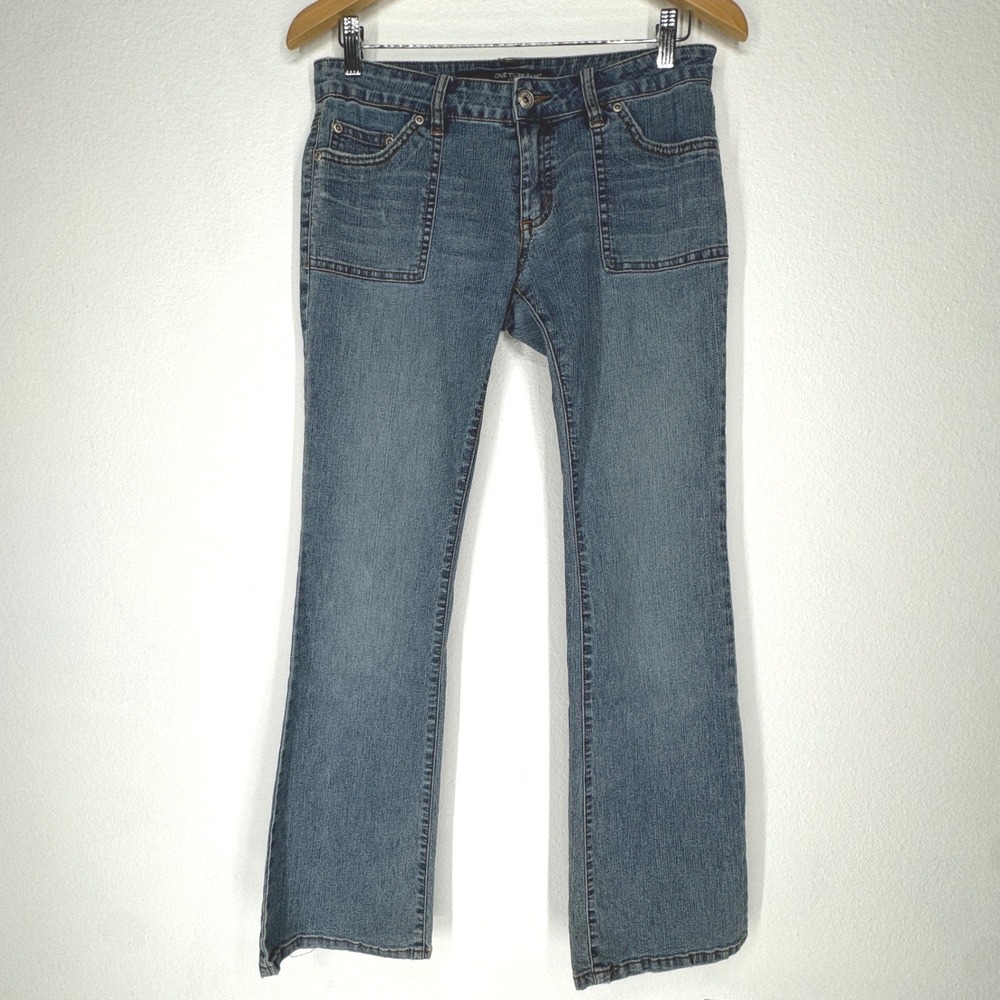 Vintage Y2K Low Rise Flare Jeans Medium Wash‎ Patch Pockets 7 Stretch Festival